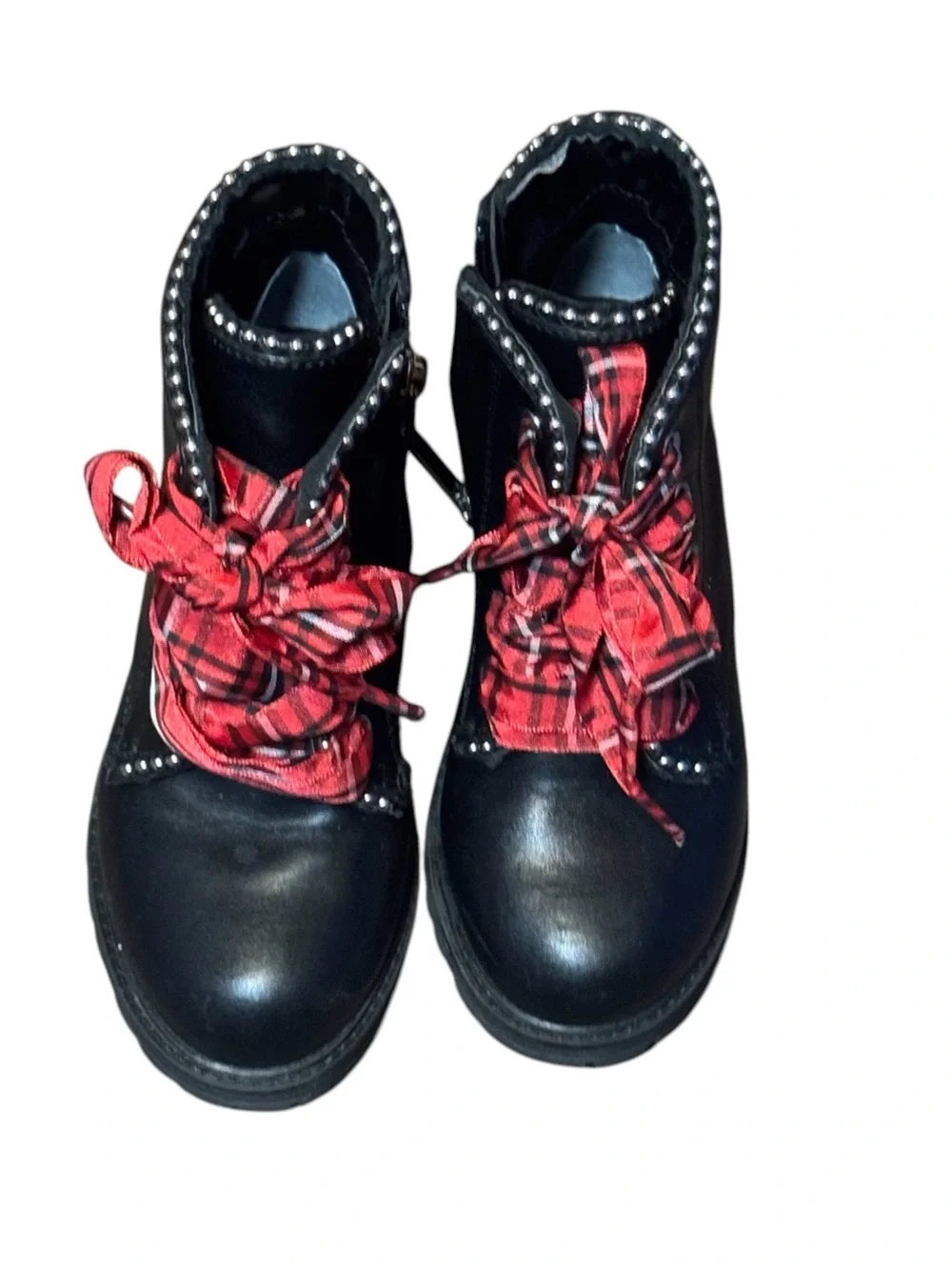 kidpik Black Studded Combat Boots with Red Plaid Ribbon Laces Size 12